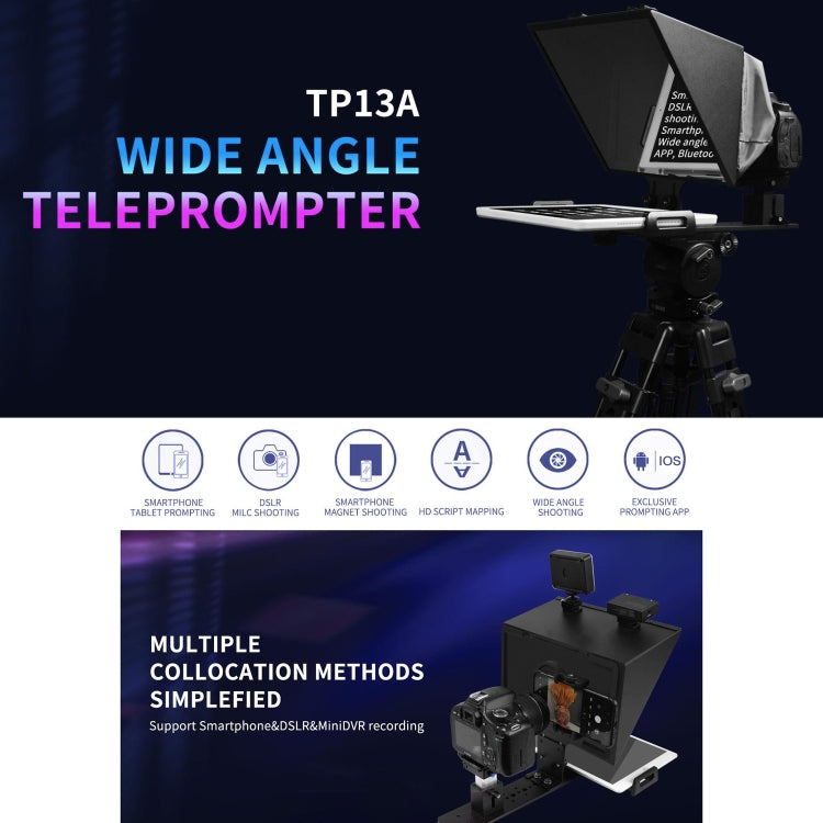 FEELWORLD TP13A Wide Angle Teleprompter for 11 inch Smartphones / Tablets Prompting Smartphone DSLR Recording APP Remote Control, TP13A