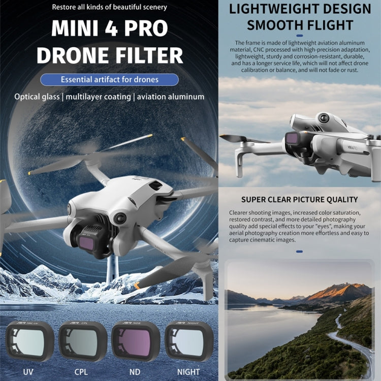For DJI Mini 4 Pro JSR KB Series Drone Camera Lens Filter, MRC UV, CPL, ND8, ND16, ND32, ND64, ND256, ND1000, ND8PL, ND16PL, ND32PL, ND64PL, NIGHT, STAR, 3 in 1 CPL ND8 ND16, 3 in 1 ND16 ND64 ND256, 4 in 1 NDPL, 4 in 1 CPL ND16/32/64