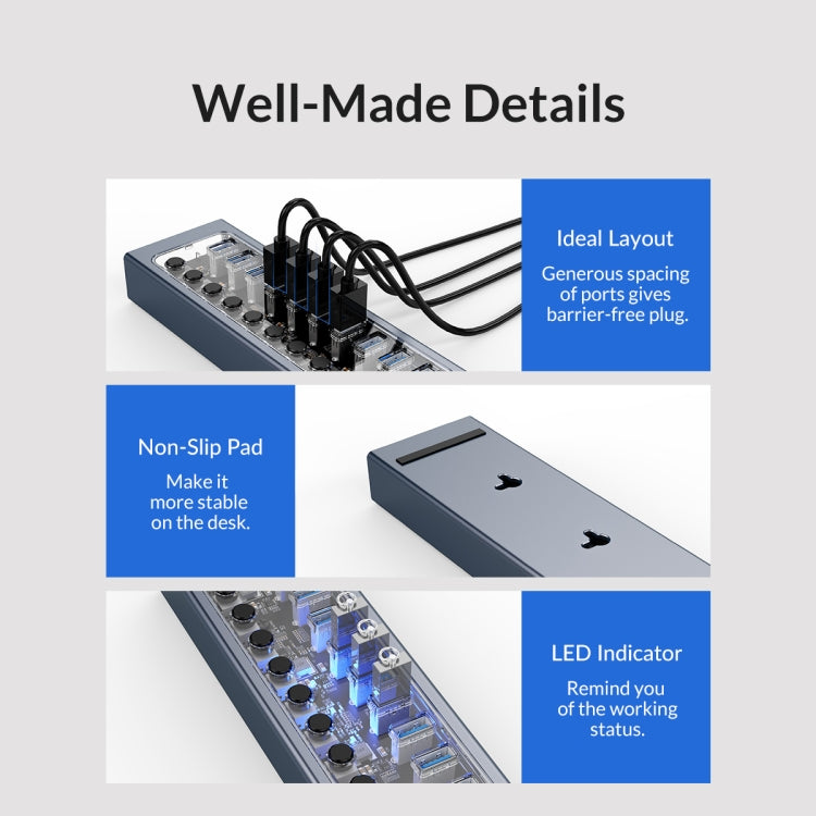 ORICO AT2U3-16AB-GY-BP 16 Ports USB 3.0 HUB with Individual Switches & Blue LED Indicator, AU Plug, EU Plug, UK Plug, US Plug