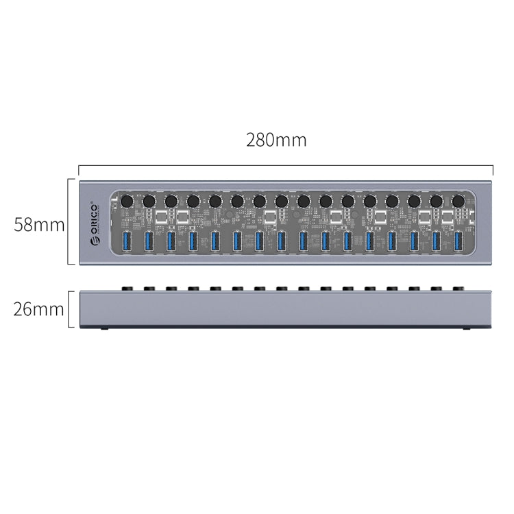 ORICO AT2U3-16AB-GY-BP 16 Ports USB 3.0 HUB with Individual Switches & Blue LED Indicator, AU Plug, EU Plug, UK Plug, US Plug