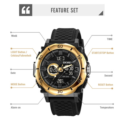 SKMEI 2098 Multifunctional Men 50M Waterproof Thermometer Dual Display Digital Wrist Watch