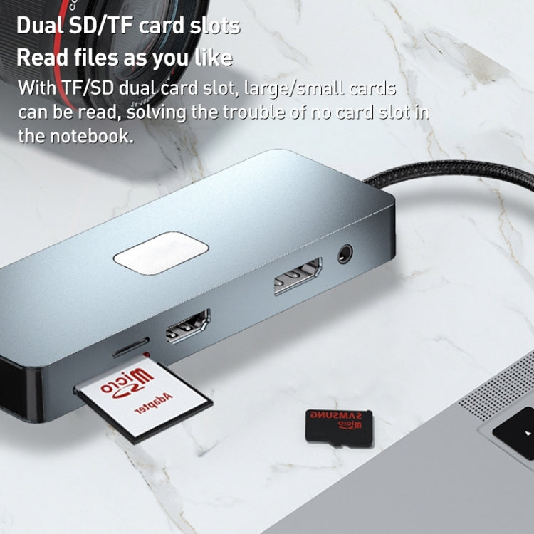BYL-2309 Type-C to HDMI 4K 60Hz + DP HD + VGA + RJ47 + USB3.2 + Audio 3.5mm + PD100W + SD + TF Docking Station HUB, BYL-2309