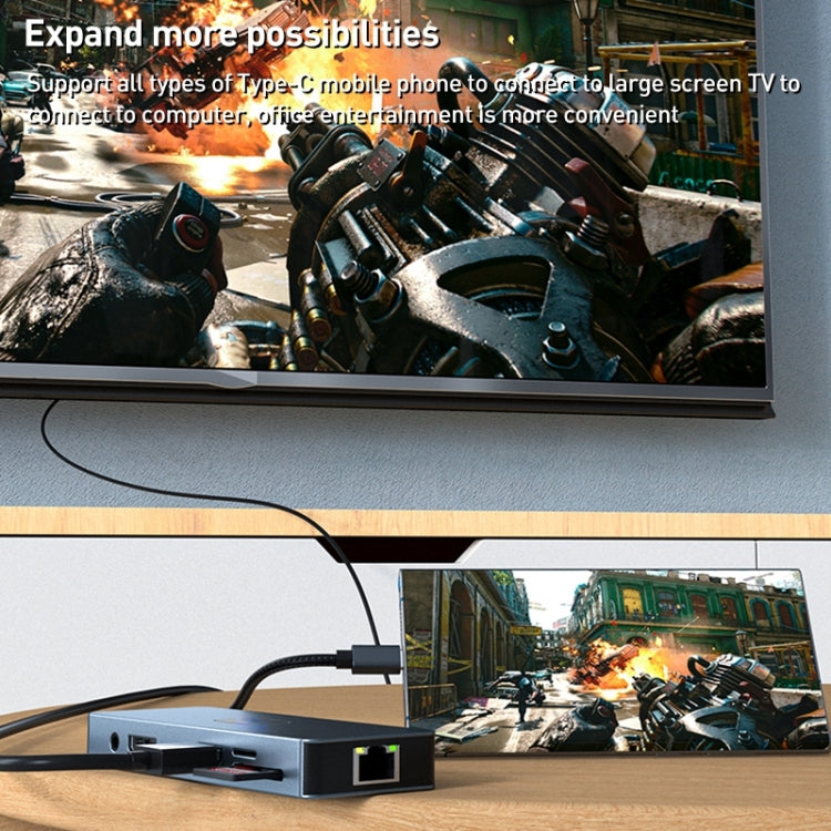 BYL-2309 Type-C to HDMI 4K 60Hz + DP HD + VGA + RJ47 + USB3.2 + Audio 3.5mm + PD100W + SD + TF Docking Station HUB, BYL-2309
