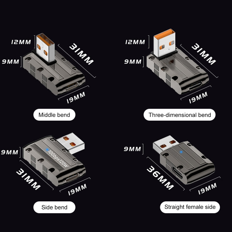 120W USB 3.1 Gen2 to Type-C 10Gbps Mechanical Adapter, Side Bend, Vertical Angle, Straight, Medium Bend