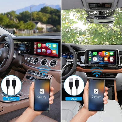 USB + USB-C / Type-C Wired to Wireless Carplay Adapter, Black Box