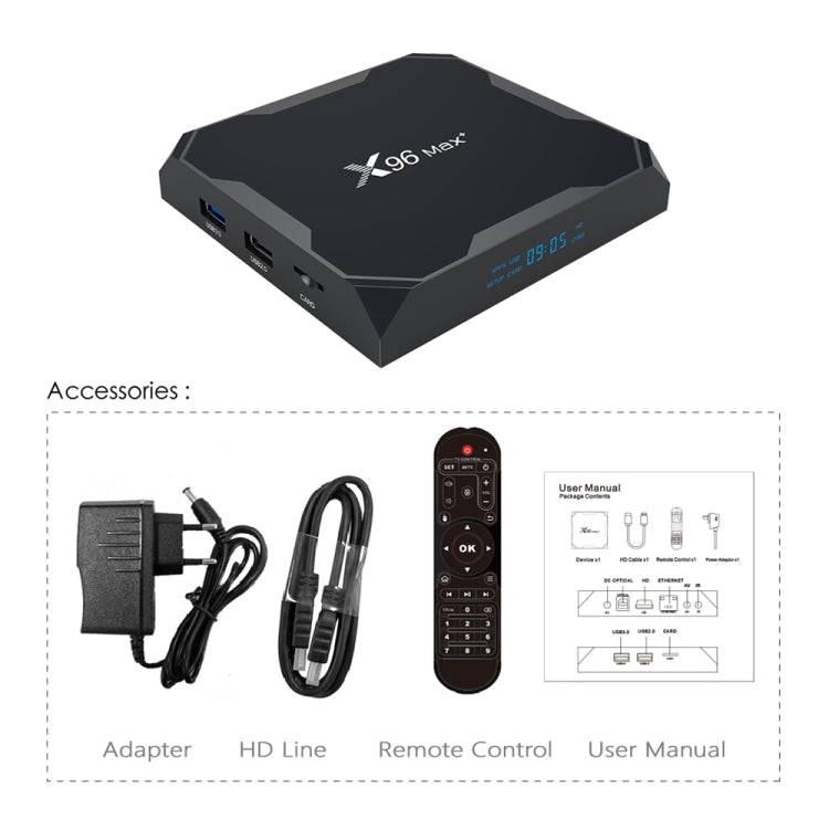 X96 max+ 4K Smart TV Box, Android 9.0, Amlogic S905X3 Quad-Core Cortex-A55,4GB+32GB, Support LAN, AV, 2.4G/5G WiFi, USBx2,TF Card,, EU Plug, US Plug, UK Plug, AU Plug