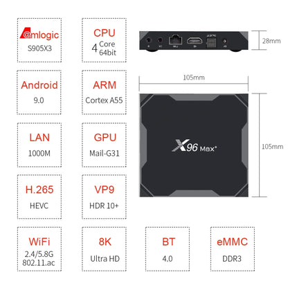 X96 max+ 4K Smart TV Box, Android 9.0, Amlogic S905X3 Quad-Core Cortex-A55,4GB+64GB, Support LAN, AV, 2.4G/5G WiFi, USBx2,TF Card,, EU Plug, US Plug, UK Plug, AU Plug