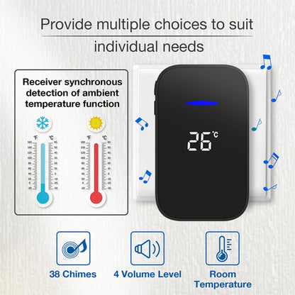 C302B One to Two Home Wireless Doorbell Temperature Digital Display Remote Control Elderly Pager, EU Plug, UK Plug, US Plug