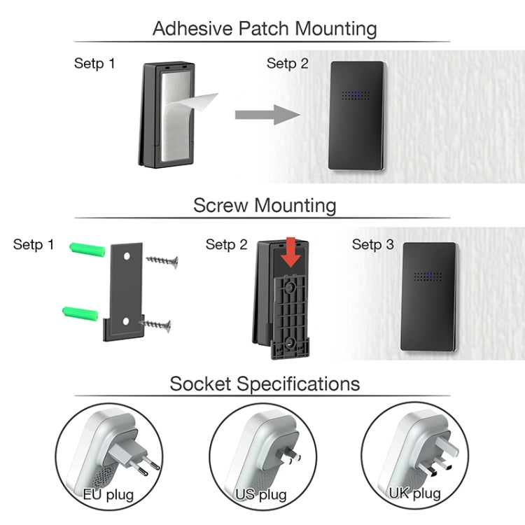 C302B One to Two Home Wireless Doorbell Temperature Digital Display Remote Control Elderly Pager, EU Plug, UK Plug, US Plug