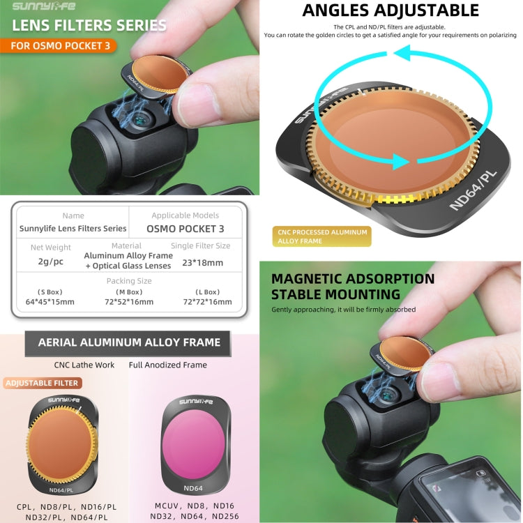 For DJI OSMO Pocket 3 Sunnylife Camera Lens Magnetic Metal Filter, MCUV, ND8, ND16, ND32, ND64, ND256, ND8PL, ND16PL, ND32PL, ND64PL, CPL, 3 in 1 CPL ND8/16, 3 in 1 ND16/64/256, 4 in 1 ND8/16/32/64, 4 in 1 ND8/16/32/64PL, 4 in 1 MCUV CPL ND32/64...