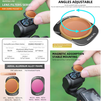 For DJI OSMO Pocket 3 Sunnylife Camera Lens Magnetic Metal Filter, MCUV, ND8, ND16, ND32, ND64, ND256, ND8PL, ND16PL, ND32PL, ND64PL, CPL, 3 in 1 CPL ND8/16, 3 in 1 ND16/64/256, 4 in 1 ND8/16/32/64, 4 in 1 ND8/16/32/64PL, 4 in 1 MCUV CPL ND32/64...