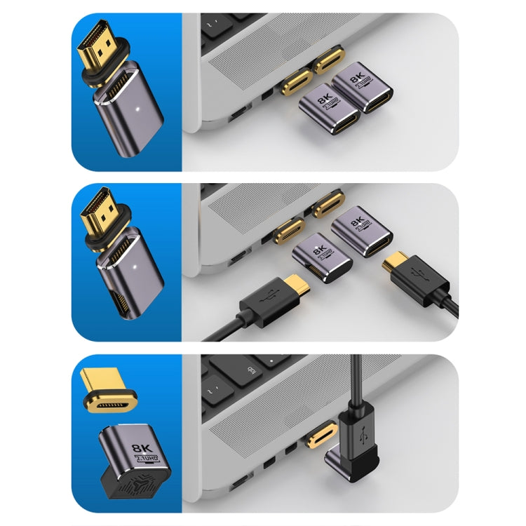 8K 60Hz HDTV to HDTV Magnetic Adapter, Male Straight Female Side Right Bend, Male Straight Female Side Left Bend, 3D Curved Female Vertical Reverse Side, 3D Curved Female Vertical Front Side, Straight
