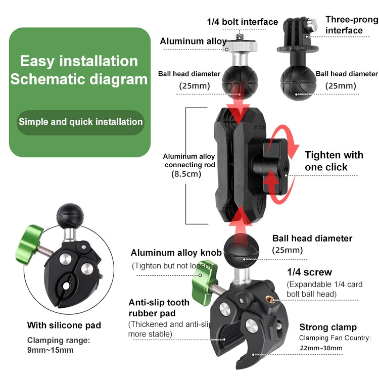 RUIGPRO Crab Clamp Action Camera Bracket, 1/4 Ball Head Mount, 1/4 Ball Head Mount with Rod, 3-claw Ball Head Mount, 3-claw Ball Head Mount with Rod, Dual-Head Crab, Dual-Head Crab with Selfie Stick, 1/4 Ball Head Dual-Head Crab with Selfie Stick...