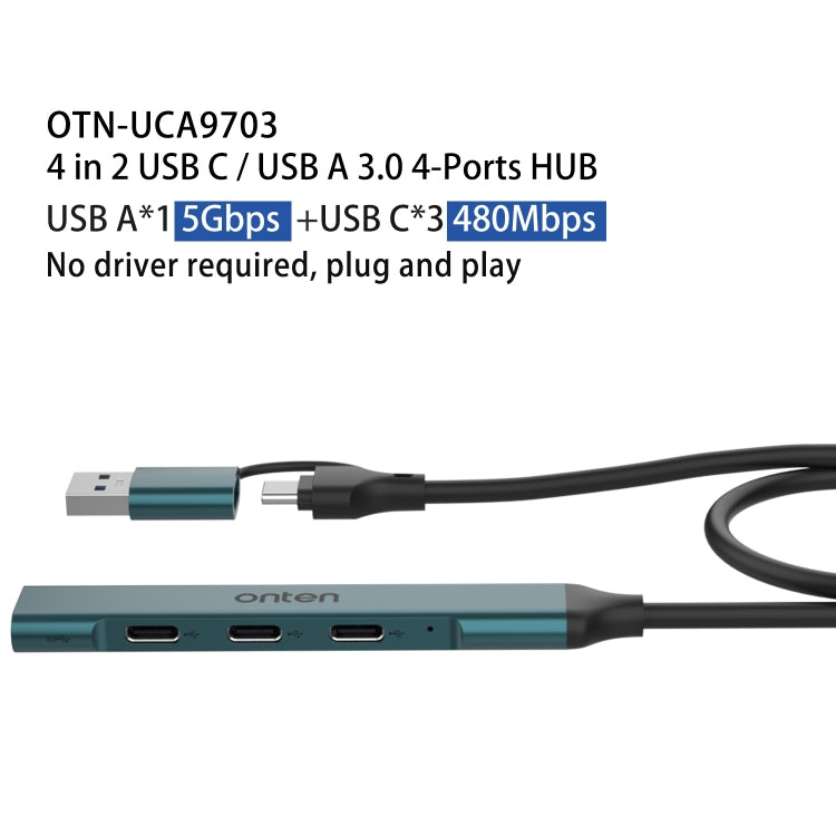 Onten UCA9703 4 in 2 USB 3.0 + Type-C to 3 Type-C + USB HUB Docking Station, UCA9703