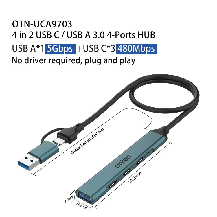 Onten UCA9703 4 in 2 USB 3.0 + Type-C to 3 Type-C + USB HUB Docking Station, UCA9703