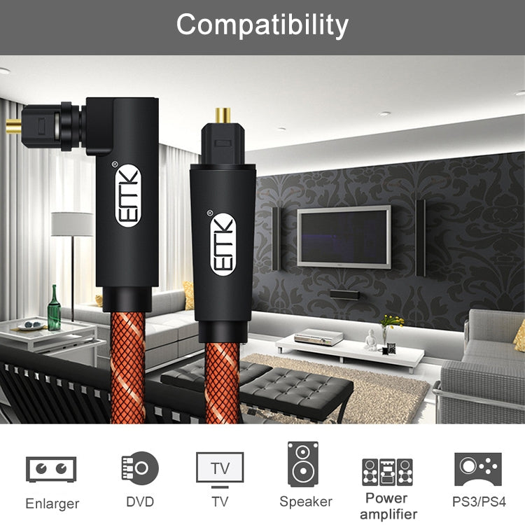 EMK 90 Degree Swivel Adjustable Right Angled 360 Degrees Rotatable Pulg Nylon Woven Mesh Optical Audio Cable, 1m(Orange), 1.5m(Orange), 2m(Orange), 3m(Orange), 5m(Orange)