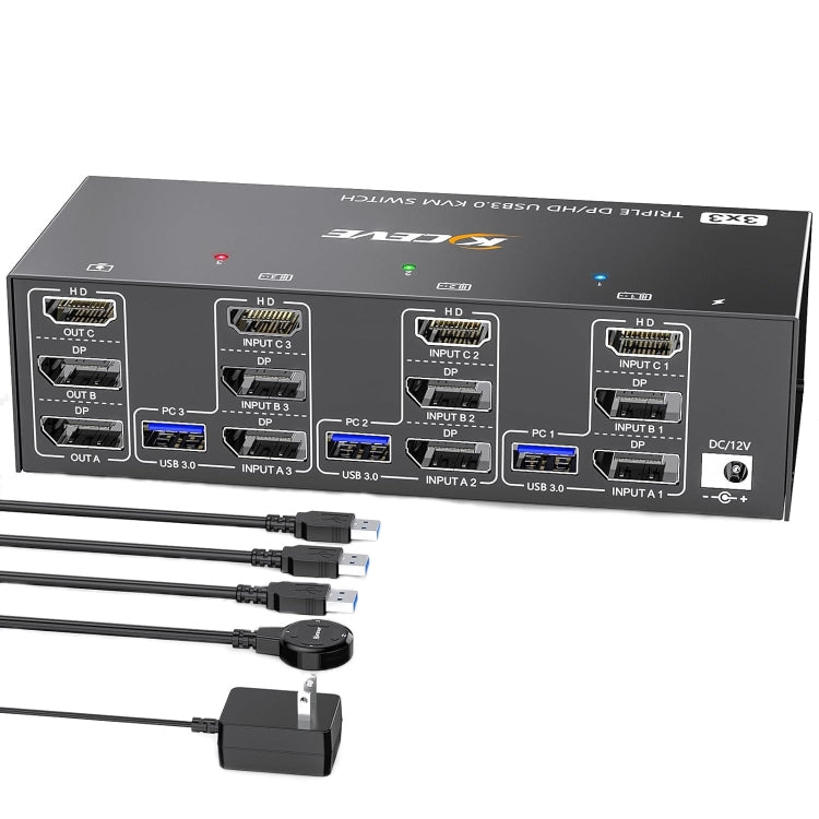 KC-KVM303DH 8K 60Hz USB3.0 DP+DP+HDMI Triple Monitors KVM Switch, EU Plug, US Plug