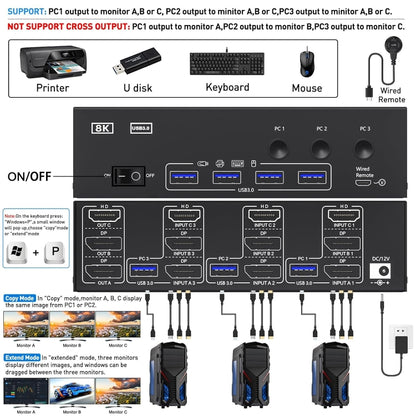 KC-KVM303DH 8K 60Hz USB3.0 DP+DP+HDMI Triple Monitors KVM Switch, EU Plug, US Plug