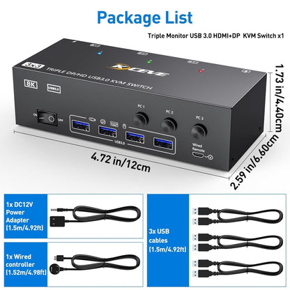 KC-KVM303DH 8K 60Hz USB3.0 DP+DP+HDMI Triple Monitors KVM Switch, EU Plug, US Plug