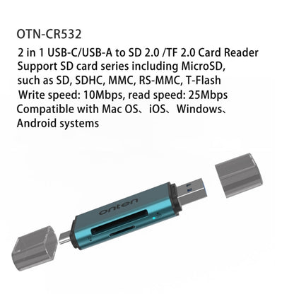 Onten CR532 2 in 1 USB-A / USB-C to SD2.0 / TF2.0 USB Card Reader, CR532
