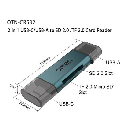 Onten CR532 2 in 1 USB-A / USB-C to SD2.0 / TF2.0 USB Card Reader, CR532