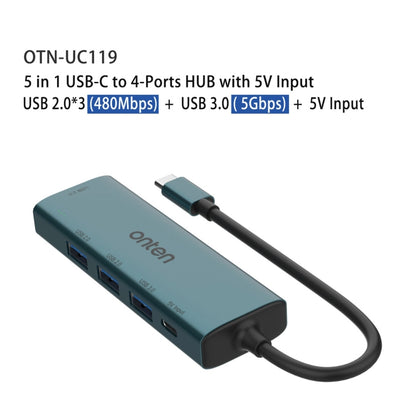 Onten UC119 5 in 1 USB-C / Type-C to USB 4-Ports USB HUB with 5V Input, UC119