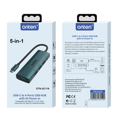 Onten UC119 5 in 1 USB-C / Type-C to USB 4-Ports USB HUB with 5V Input, UC119