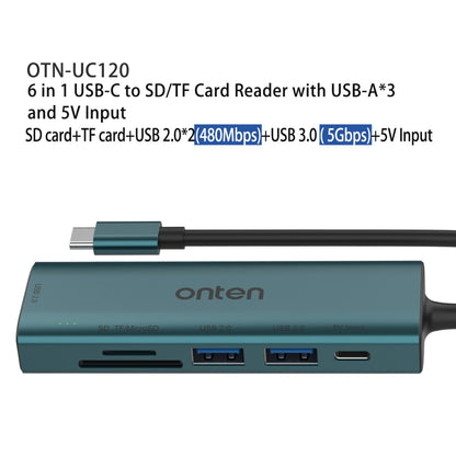 Onten UC120 6 in 1 USB-C to SD / TF Card Reader with 3-Ports USB HUB & 5V Input, UC120