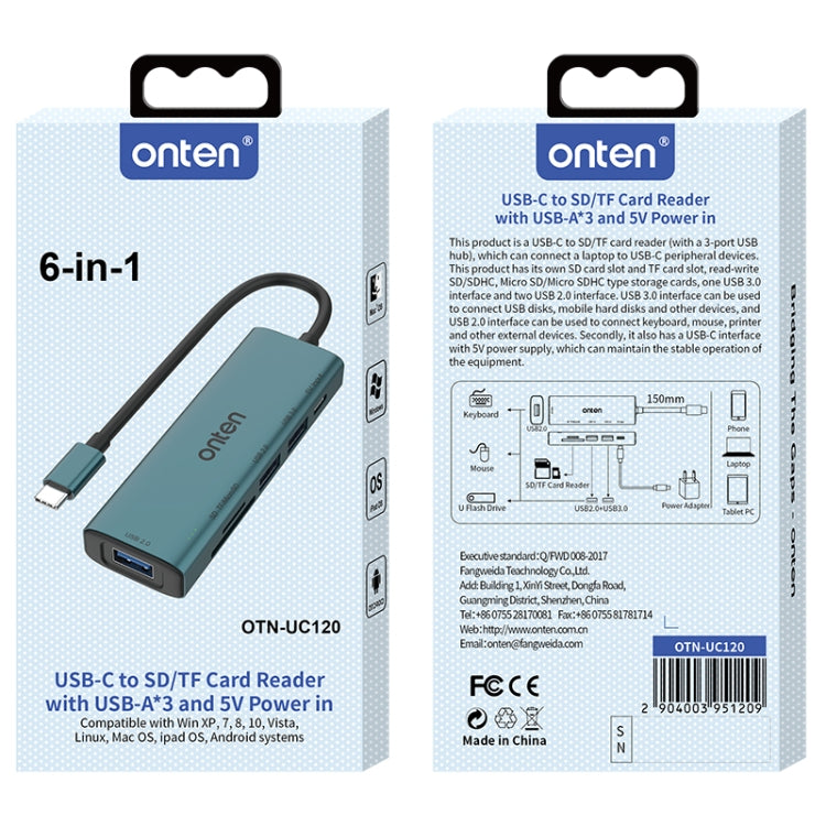 Onten UC120 6 in 1 USB-C to SD / TF Card Reader with 3-Ports USB HUB & 5V Input, UC120