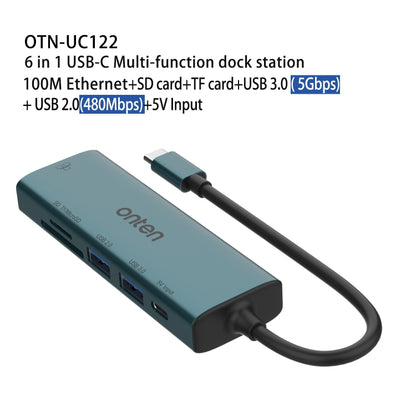 Onten UC122 6 in 1 USB-C / Type-C to SD + TF Card + USB 3.0 HUB with 5V Input & 100Mbps Network Card, UC122