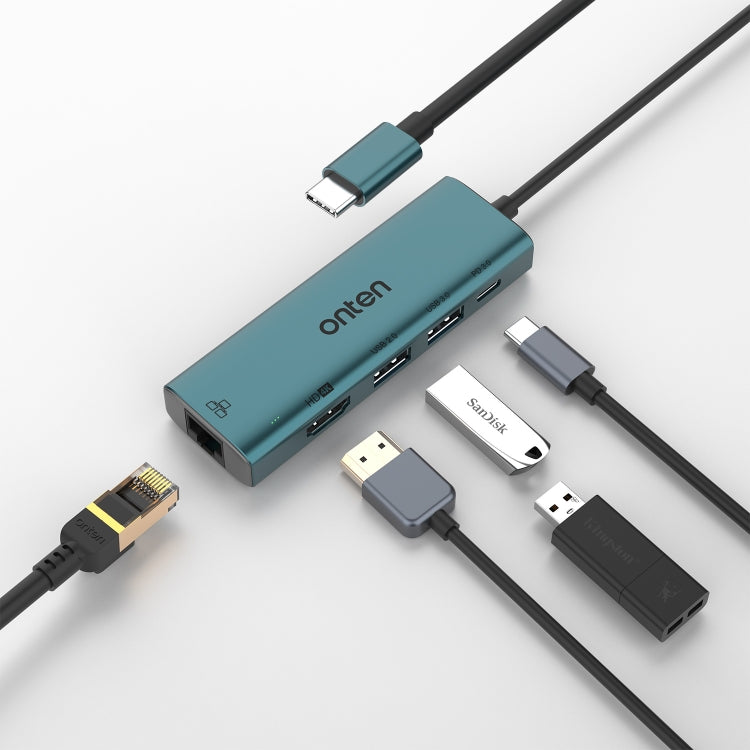 Onten UC125 5 in 1 USB-C / Type-C to HDMI+USB3.0+PD3.0 Multi-function HUB with 100Mbps Network Card, UC125