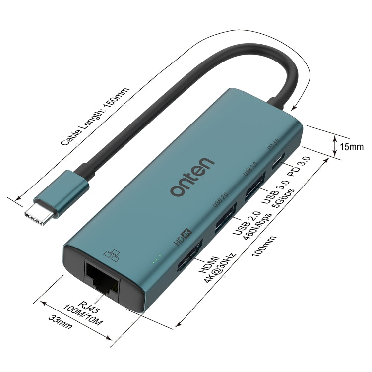 Onten UC125 5 in 1 USB-C / Type-C to HDMI+USB3.0+PD3.0 Multi-function HUB with 100Mbps Network Card, UC125