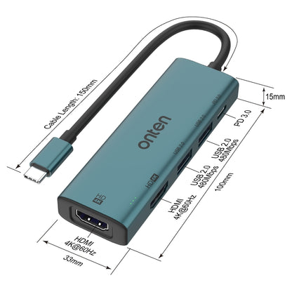 Onten UC126 5 in 1 USB-C / Type-C to Dual HDM I+ USB2.0 + PD3.0 Multi-function HUB Docking Station, UC126