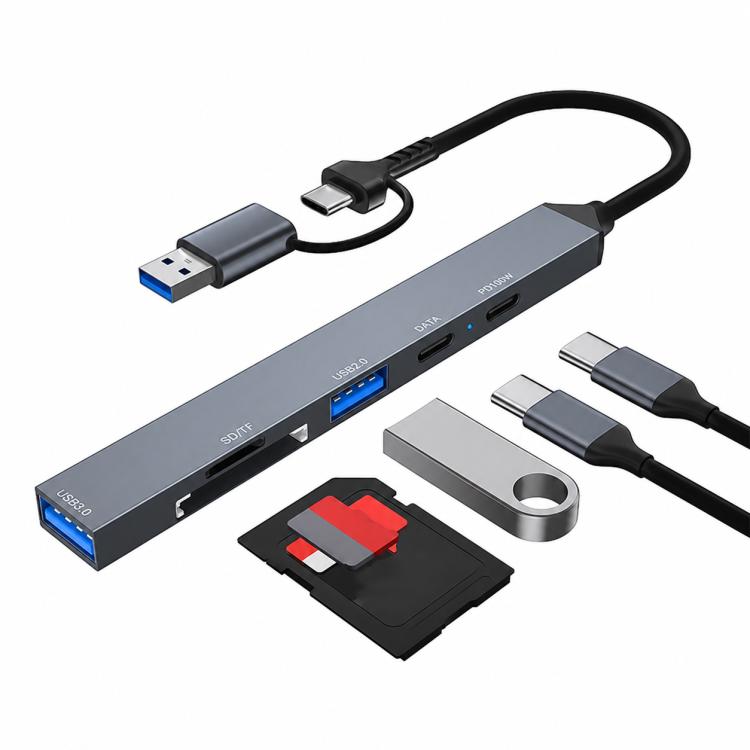 ADS-807D 6 in 1 USB + Type-C to PD100W + USB3.0/2.0 + SD/TF HUB Docking Station, ADS-807D