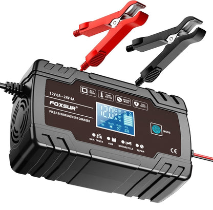 FOXSUR 8A 12V 24V Car / Motorcycle Smart Battery Charger, EU Plug, US Plug, UK Plug