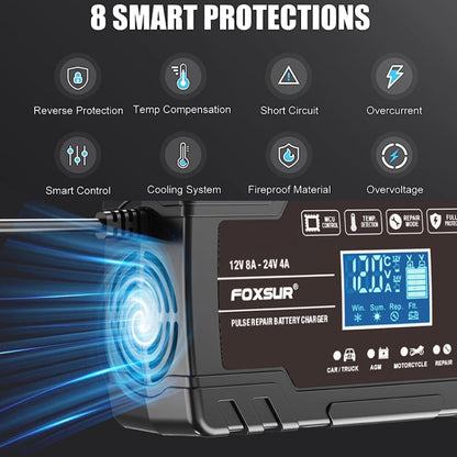 FOXSUR 8A 12V 24V Car / Motorcycle Smart Battery Charger, EU Plug, US Plug, UK Plug
