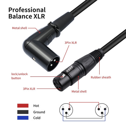 XK042L XLR 3pin Straight Female to Elbow Male Audio Cable, 0.3m, 1m, 2m, 3m, 5m, 10m