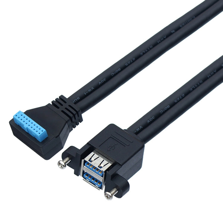 Double USB 3.0 with Fixed Screw Hole to 20 Pin Elbow Extension Cable, Black