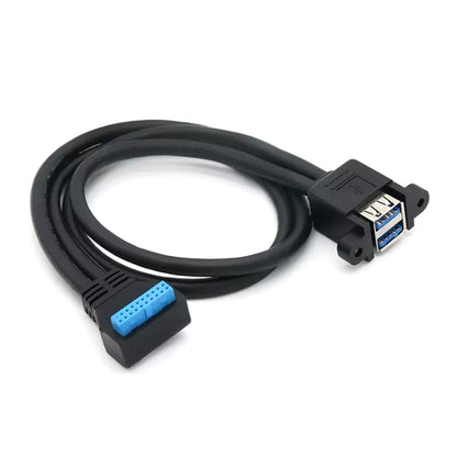 Double USB 3.0 with Fixed Screw Hole to 20 Pin Elbow Extension Cable, Black