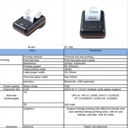 BT-58L 58mm USB+Bluetooth Thermal Label Printer, EU Plug, US Plug