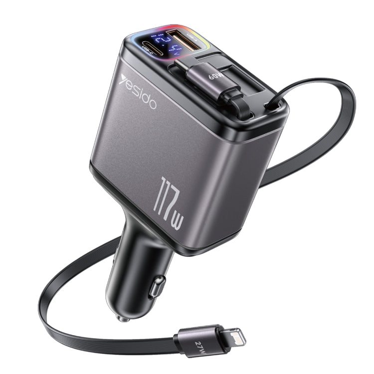 Yesido Y63 4 in 1 117W USB-C / Type-C+USB Multifunctional Retractable Dual Line Digital Display Car Fast Charger