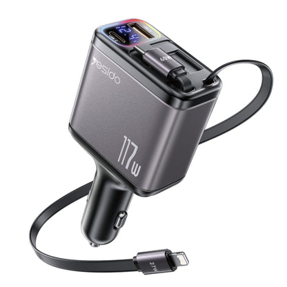 Yesido Y63 4 in 1 117W USB-C / Type-C+USB Multifunctional Retractable Dual Line Digital Display Car Fast Charger