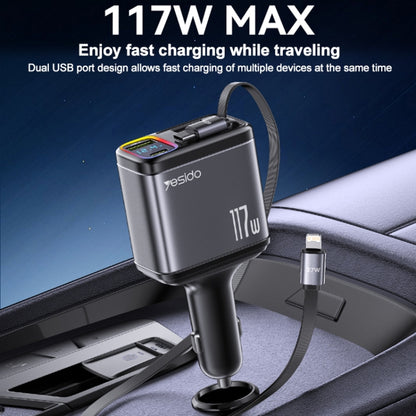 Yesido Y63 4 in 1 117W USB-C / Type-C+USB Multifunctional Retractable Dual Line Digital Display Car Fast Charger