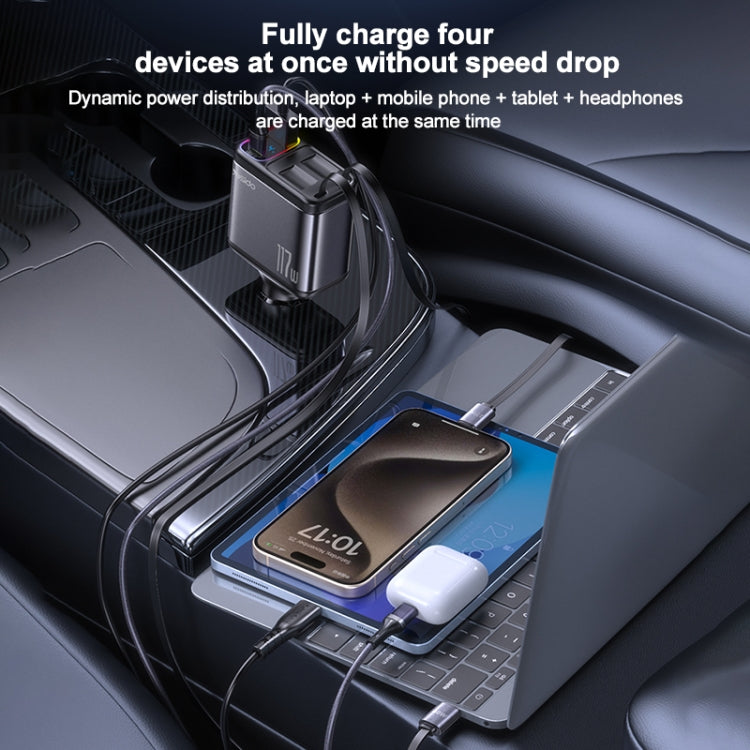 Yesido Y63 4 in 1 117W USB-C / Type-C+USB Multifunctional Retractable Dual Line Digital Display Car Fast Charger