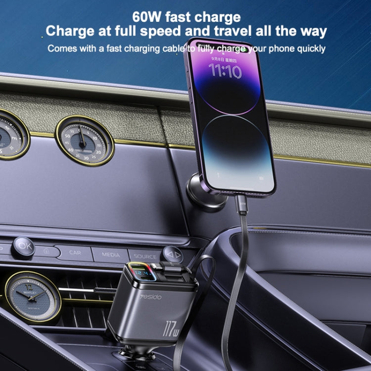 Yesido Y63 4 in 1 117W USB-C / Type-C+USB Multifunctional Retractable Dual Line Digital Display Car Fast Charger