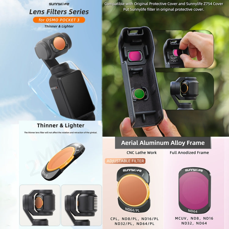 For DJI Osmo Pocket 3 Sunnylife Camera Lens Magnetic Metal Filter, No Impact On Gimbal Reset, MCUV, ND8, ND16, ND32, ND64, CPL, ND8PL, ND16PL, ND32PL, ND64PL, 3 in 1 CPL ND8 ND16, 4 in 1 ND8-64, 4 in 1 ND8-64PL, 4 in 1 UV CPL ND32 ND64...