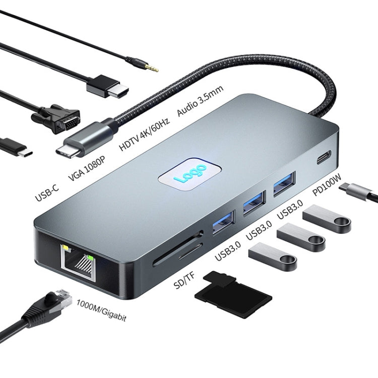 BYL-2411 11 in 1 Type-C HUB Docking Station with 3 x USB3.0, PD100W,  SD/TF, RJ45, Type-C, VGA, HDTV, 3.5mm Jack, BYL-2411