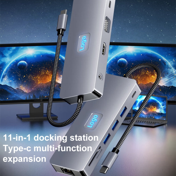 BYL-2411 11 in 1 Type-C HUB Docking Station with 3 x USB3.0, PD100W,  SD/TF, RJ45, Type-C, VGA, HDTV, 3.5mm Jack, BYL-2411