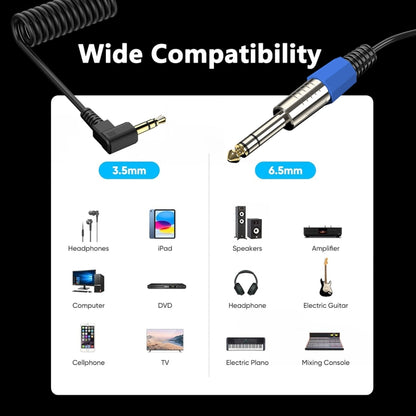 Guitar Loudspeaker Coiled 6.35mm Audio Cable, Length: 0.5m, 6.5mm to 3.5mm Elbow