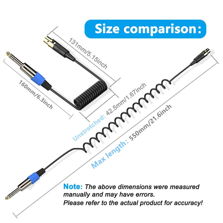 Stereo Microphone Aux Audio Cable Coiled Adapter Cable, Length: 0.5m, Mini 3 Pin XLR to 6.35mm, Mini 4 Pin XLR to 6.35mm